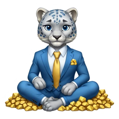 muscular snow leopard in suit with blue tie sitting on pile of gold nuggets sticker