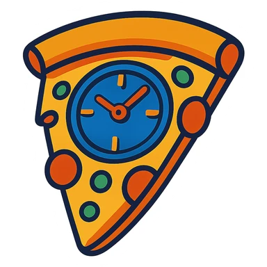 a pizza slice with a clock face, playful and bold sticker