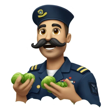 Navy guy with moustache being goofy with Brussels sprouts  sticker