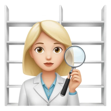 emoji of white empty shelf in perspective view with a standing woman nearby, she is looking at the shelfs with a magnifying glass sticker