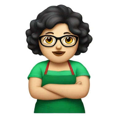 chubby lady with black hair green apron  with glasses cooking tacos sticker
