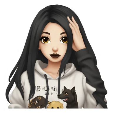 hime gyaru girl, tattoos, pale skin with brown eyes and black hair, dark makeup, black hoodie sticker