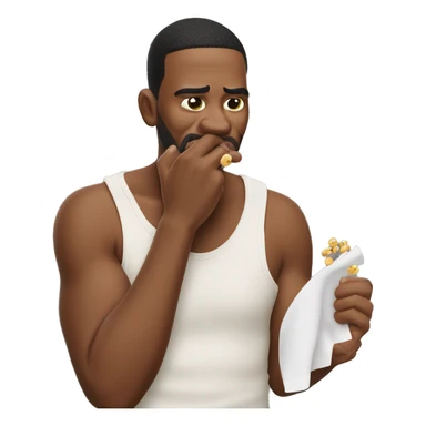 man biting nails on one hand, littles bits of nail flying away from his hand and beads of sweat on his face and flying from his his face sticker