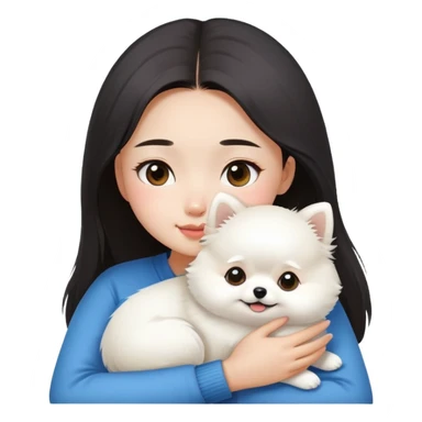 Asian girl hug small white Pomeranian sticker