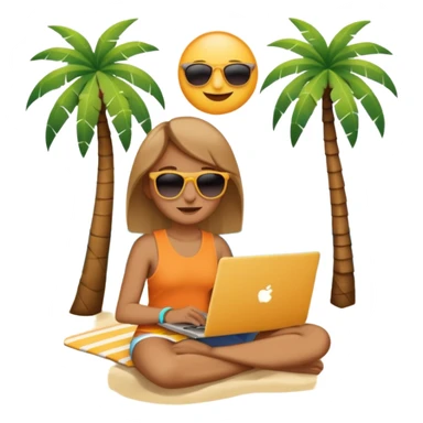 A minimalist emoji-style icon: A gender-neutral person sitting with a laptop on the beach. A palm tree nearby, sun and sea in the background. Relaxed, summery atmosphere. Simplified shapes, no detailed facial features, clean emoji-like design. sticker