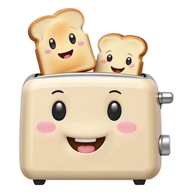 Cute Kawaii Toaster, tiny and square, soft pastel cream with a happy smile, chubby cheeks, two little toast slices popping out, giggling in excitement! sticker