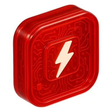 Replace the play button inside the YouTube logo with a pure white lightning bolt. Keep the lightning bolt inside the logo shape, not as the play button shape. Maintain the vivid red background, intricate circuit lines, and vibrant glossy circuit style. sticker