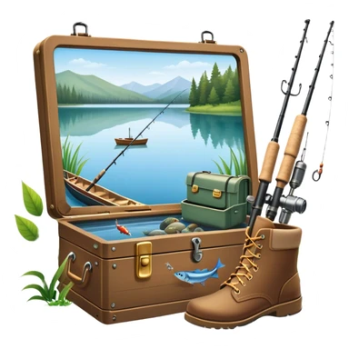 Icon for Fishing Travel: a fishing rod, tackle box, boots, and a boat by a serene lake, with fish jumping out of the water and surrounded by lush nature. The icon should capture the peaceful and adventurous spirit of fishing trips. Transparent background. sticker