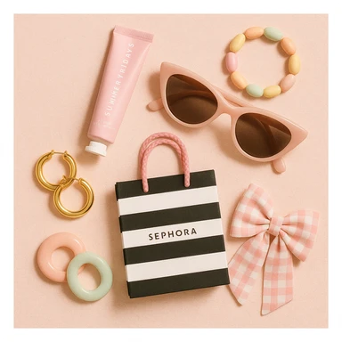 Girly, preppy flat lay: pink Summer Fridays lip balm, Sephora bag, sunglasses, and pastel accessories, all in a soft, summery color palette sticker