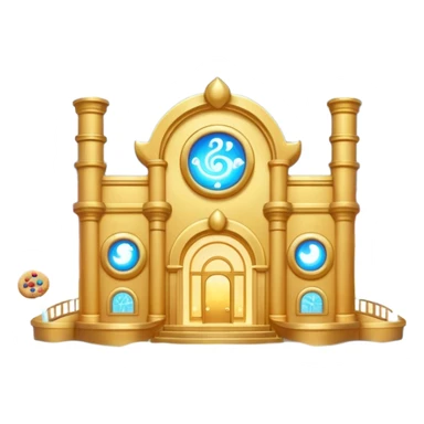 Exterior of a divine floating cookie factory, golden architecture with radiant pipes flowing with energy, infinite cookie stream from the entrance, glowing aura, celestial clouds surrounding it, emoji-style sticker
