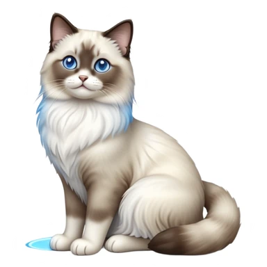 Cinematic-Seal-Ragdoll-Cat-Realistic-Full-Body-Sitting-Emoji – Tail curled playfully around its paws, head tilted dramatically, fluffy brown-and-white fur with darker seal points, simplified yet realistic focused features, highly detailed, glowing with an almost sarcastic glow, piercing blue eyes radiating elegance and charm. sticker