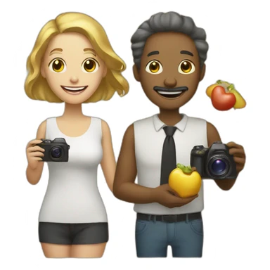golden modern man and woman friends with camera in one hand and food in other hand, happy smiling sticker
