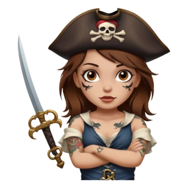 Pirate girl Brown hair brown eyesz white skin, naked with tattoos sticker