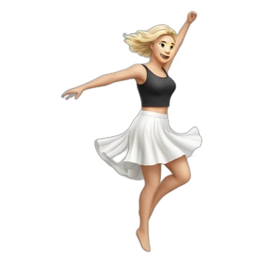 Hyperrealistic Full body Caucasian curvy beauty jumping short white skirt back and front views strong wind sticker