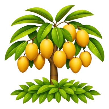 A 3D cartoon mango tree with golden-yellow mangoes visible among dense leaves, sunny atmosphere, Memoji-style rendering. sticker