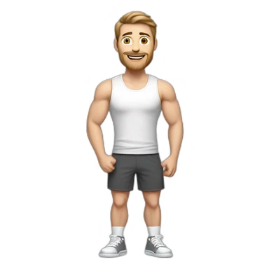 Full height realistic Actively gesturing with hands Pale skinned Fit Man With the biceps and brown hair in dark gray Sleeveless Mike, black oversize sports shorts, watch and white Sneakers sticker