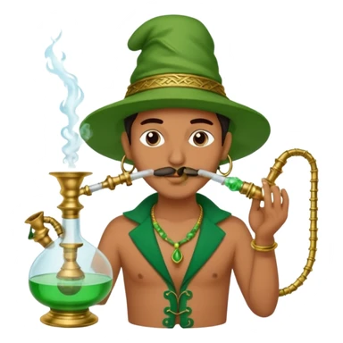 Brass hookah with green design on a glass water base on the top; with two smoke pipes where people are holding them and smoking m from the side all pouting on top sticker