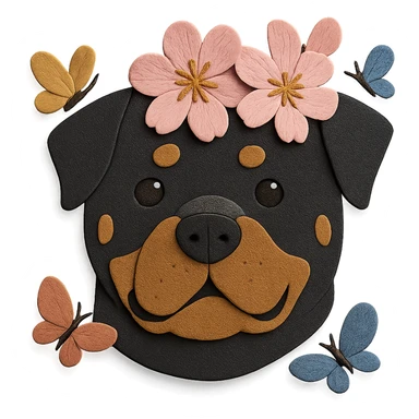 Add butterflies fluttering around the rottweiler with a cherry blossom flower crown, keep the original style and colors sticker