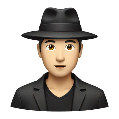 Japanese man with black hat with gold circle and rectangle on his hat with a black jacket with grey shirt and with black pants handsome sticker