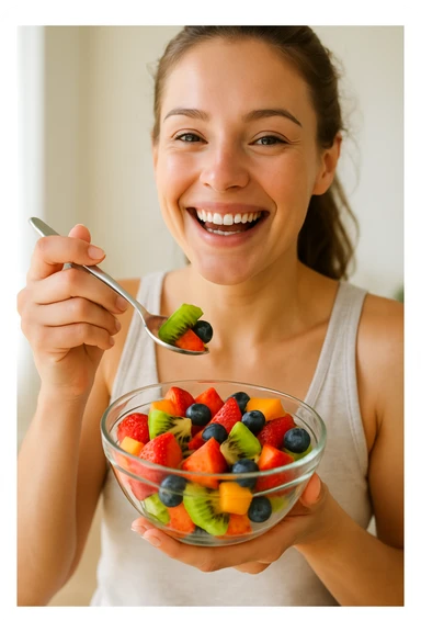 A cheerful person holding a glass bowl of colorful fruit salad with vibrant pieces of strawberries, kiwis, and blueberries visible. The person is wearing a casual, light-colored tank top and has a friendly, bright smile as they prepare to take a bite with a spoon. The overall composition focuses on health and enjoyment. sticker