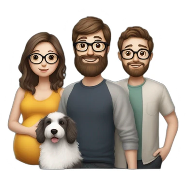 Hyperrealist Pregnant girl with half long brown hair with glasses, a boy with long beard, glasses and short hair and english sheepdog sticker