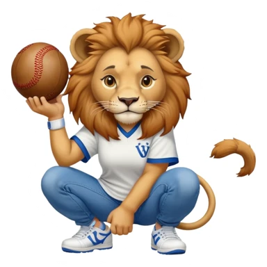 confident anthropomorphised female lion wearing a baseball shirt, jeans, and trainers, squatting and lifting an object sticker