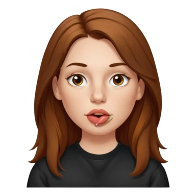 A 38 year old white woman with long brunette hair parted in the middle. She has her nose pierced. Her nose is medium sized. She has brown eyes. She has freckles and is wearing a black sweatshirt and is making a kissing mouth. sticker