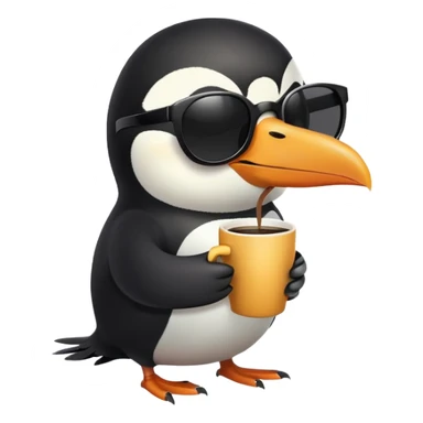 penguin with toucan beak holding a coffee cup and wearing sunglasses sticker