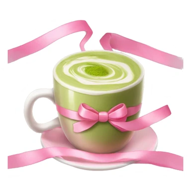 Matcha latte in a mug decorated with painted pink ribbons coquette sticker