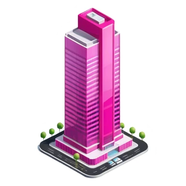 Isometric hot pink skyscraper, exterior view isolated sticker