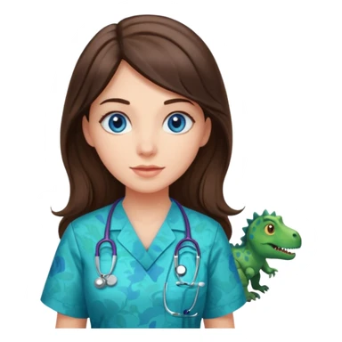 pretty brunette nurse with long hair and blue eyes in dinosaur pattern scrubs sticker