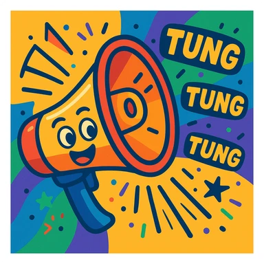 cheerful megaphone with sound waves and 'tung tung tung' comic effects, symbolizing sahur wake-up call, colorful and lively sticker