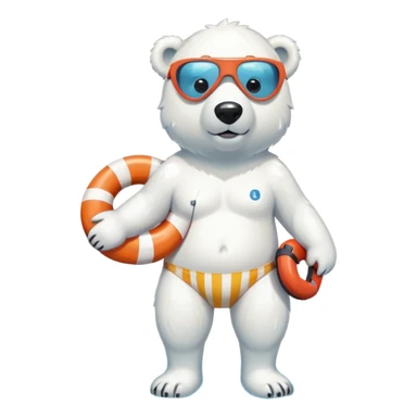 full body friendly anthropomorphised polar bear wearing striped swim shorts and swim goggles, standing in a puddle and holding a life buoy sticker