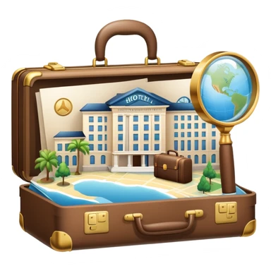 An icon featuring a suitcase, a hotel building, symbolizing the academic study of tourism and hospitality. The design includes a travel map and a magnifying glass, representing research into destinations and hospitality management. Transparent background sticker