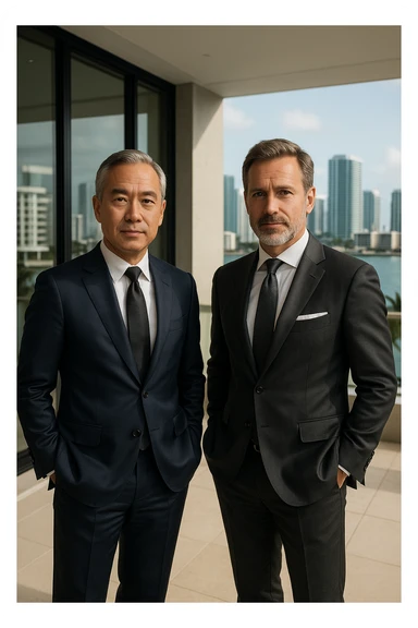 Foto hiper realista que refleje a nuestro cliente ideal de real estate: Empresarios y propietarios internacionales que necesitan vender, reinvertir o diversificar su portafolio en propiedades residenciales o comerciales en Miami, con absoluta confidencialidad y criterio. sticker