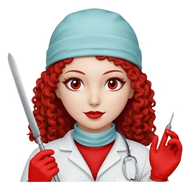 Scary woman scalpel in hand, evil surgeon sexy surgeon clothes.  She has red eyes. Her  brown long curly hair. Wears sexy doctor outfit with red gloves. make her wear red ski mask  to hide. Wears white surge9n jcketneb sticker
