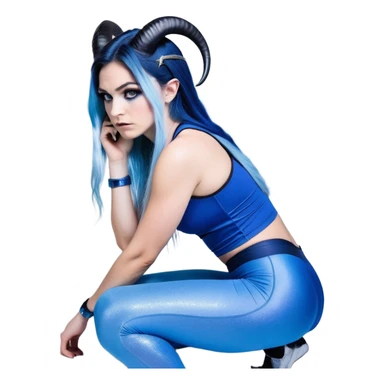 Disapponted-big tears-head back texting on phone-very very large upper body-sexy face-bending forward at waist-very long very straight dark blue to light blue ombre hair-and-blue eyes-thick black eyeliner-goat horns-iridescent blue lowcut tanktop with black leggings with glitter superman logo sticker