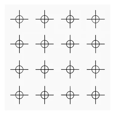 a series of layout markings spaced in an even symmetrical grid, as in camera viewfinder crosshairs. black and white high contrast, precision optics. this is the blank unit high resolution template sticker