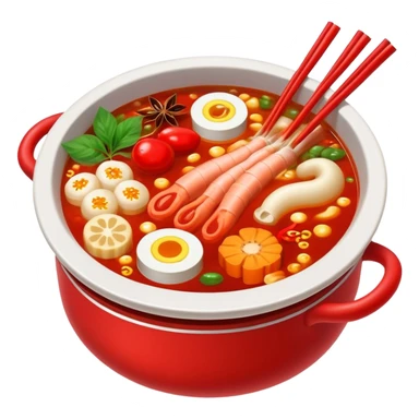 Chinese hot pot, bubbling red spicy broth with variety of ingredients, emoji style sticker