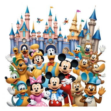 Colorful icon for Animated Movies: A vibrant collage featuring iconic characters like Goofy, Mickey Mouse, Franco, Masha and the Bear and Luntik. Each character should be large and bright, set against a cheerful and playful background of Disneyland. Transparent background. sticker