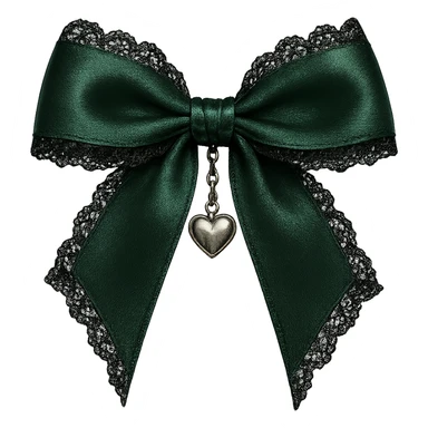 green gothic bow with black lace trim and heart charm, remove background sticker