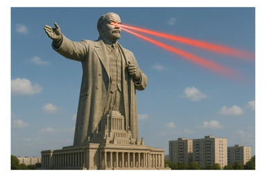 Дворец Советов, основной упор на 100-метровую фигуру Ленина, у которой из глаз вылетают 2 луча прожектора красного цвета.

На фоне можно поставить обычные пятиэтажки-панельки, которые в 20 раз меньше Дворца Советов

Стиль фото реализм, обычный солнечный день  sticker