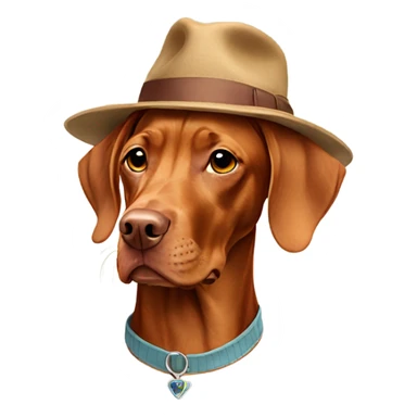Vizsla wearing a hat sticker