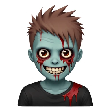 zombie boy with brown emo spiky hair, white skin, and white eyes; an open smile, and bloodied teeth; sticker