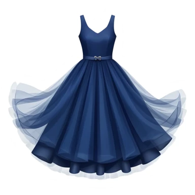 Navy blue dress with tulle skirt floating in the air, isolated sticker