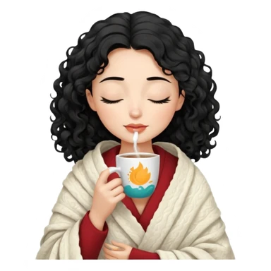 Gözleri kapalı, beyaz tenli ve dalgalı-kıvırcık siyah saçlı saç boyu orta omuzlarının biraz aşağısında bir kadın avatar, battaniyeye sarılmış halde beyaz bir Türk kahvesi fincanından içeceğini huzurla yudumluyor. sticker