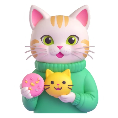 cute cat with big eyes, wearing a green sweater with yellow smiley faces, holding a pink macaron, soft and shiny, inspired by Apple emoji aesthetics, 3D iOS style emoji, variation 2 sticker