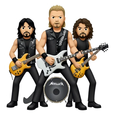 Icon for Metal Music: Metallica band members detailed in their signature look. James Hetfield with guitar, Lars Ulrich on drums, Kirk Hammett with his electric guitar, and Robert Trujillo playing bass. Bold, energetic style with musical notes, all in a heavy metal aesthetic. Transparent background. sticker