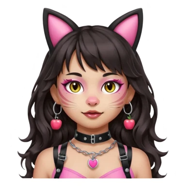 Remove all makeup and marks from the cheeks. Remove any apple. Only add subtle whiskers on the cheeks. Keep bangs, silver O-ring, light-medium Hispanic skin, long dark wavy hair, cat ears, and pink BDSM-inspired harness. Apple emoji style. sticker
