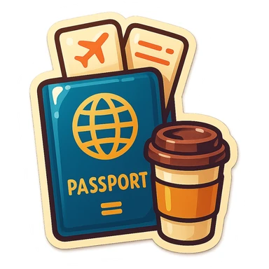 retro sticker-style illustration of a passport with two airline tickets sticking out, with a small coffee cup or to-go cup next to the passport, bold outlines, juicy colors, expressive shadows and highlights, playful and glossy look sticker